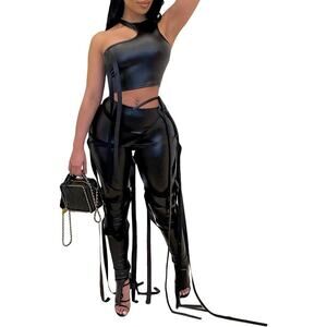 Meslima Bandage PU Leather Pant Set Womens Large Black Clubwear Lace Up Sexy